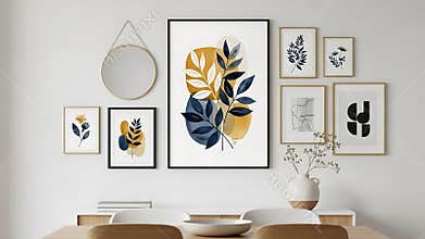 Modern wall art featuring botanical prints and a round mirror in a minimalist interior