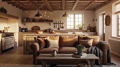 Rustic kitchen and living room blend seamlessly in a cozy farmhouse style interior design