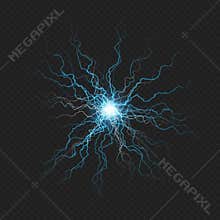 Lightning flash discharge of electricity on transparent background. Blue electrical visual effect. EPS 10