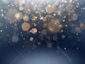 Christmas and New Year template with white blurred snowflakes, glare and sparkles on blue background. EPS 10