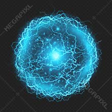 Realistic powerful electrical discharge lightning strike impact sphere effect on transparent background. EPS 10