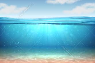 Realistic underwater background. Ocean deep water, sea under water level, sun rays blue wave horizon. Surface 3D vector