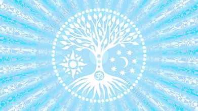 The tree of life in the center of the mandala in a halo of rotating rays. Spiritual and sacred symbol. Video art.