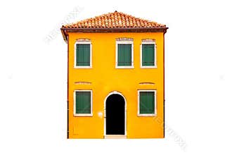 Beautiful vibrant yellow colorful house in Burano, near Venice in Italy isolated on white background