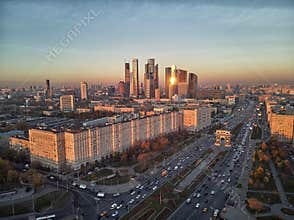 Moscow International Business Center and Moscow urban skyline after sunset. Panorama. Aerial view