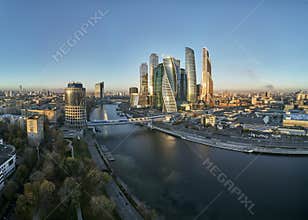Moscow International Business Center and Moscow urban skyline after sunset. Panorama. Aerial view
