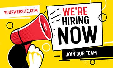 Now Hiring Vacancy Concept Poster Template. Outsource Team Hire Creative Employee. Career Promotion with Red Loudspeaker