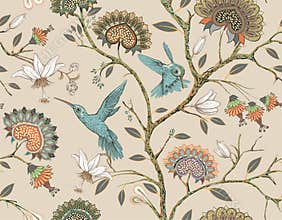 Vector seamless pattern with stylized flowers and birds. Blossom garden with hummingbirds and plants. Light floral