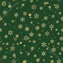Golden glittering snowflakes seamless pattern on green background. EPS 10