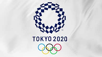 TOKYO, JAPAN, MARCH 2018: Flag of the olympic games in Tokyo 2020 fluttering in the wind 2 in 1