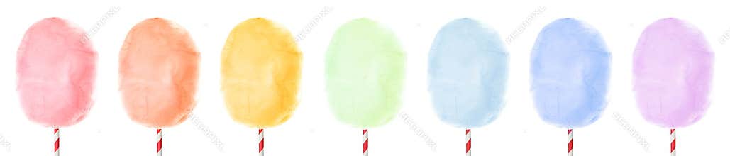 Set of different colorful yummy cotton candy on white background