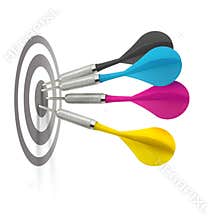 Cmyk darts hitting target