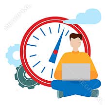 Social network concept. Freelance remote work. Working man sitting with a computer.