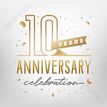 10th anniversary celebration golden template. Vector illustration.