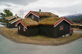 The Norwegian typical grass roof country house, classic wooden cottage in Norway, countryside.