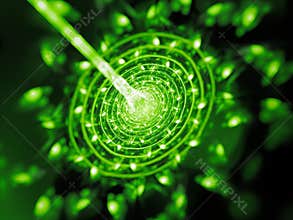 Green glowing quantum beam hit target