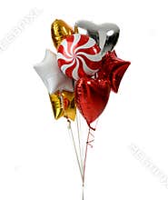 Bunch of metallic red pink heart balloons composition objects for birthday or valentines party isolated on a white