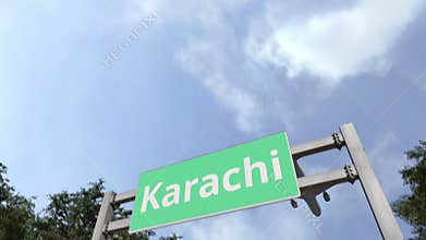 Airliner flies to Karachi. Travelling to Pakistan conceptual 3D animation