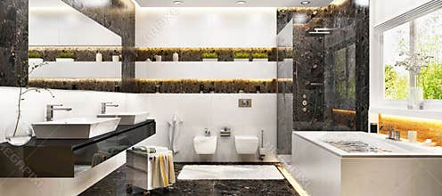 Modern bathroom interior design with white and black marble