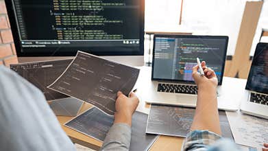Collaborative work Software engineers website developer technologies or programmer working coding on startup ai application