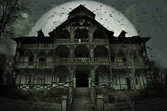 Creepy haunted house with dark horror atmosphere. A black cat, many bats and big full moon behind the frightful scene
