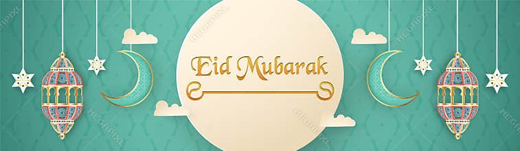 Template for Eid Mubarak with green and gold color tone. 3D Vector illustration in paper cut and craft  for islamic greeting card