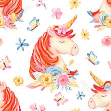 Watercolor seamless pattern with cute cartoon romantic unicorn and flowers.