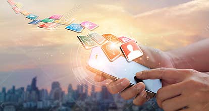 Hands using mobile payments, Digital marketing. Banking network. Online shopping.