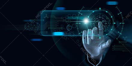 Machine learning. Hand of robot touching on binary data. Futuristic Artificial intelligence AI