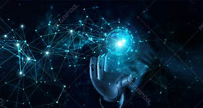 Hand of robot touching global futuristic network connection. AI, artificial intelligence,