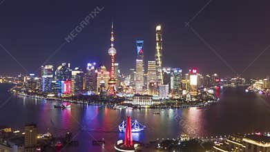 Shanghai City at Night. Urban Lujiazui District. China. Aerial View