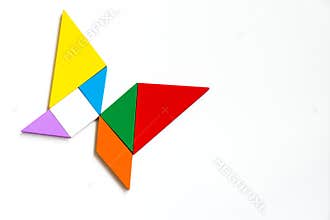Color wood tangram puzzle in butterfly shape on white background