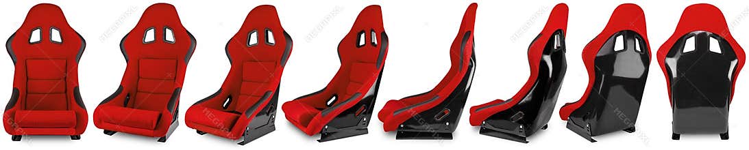 Set collection of red black carbon fiber motorsport race car tuning  sim racing bucket seat isolated white background