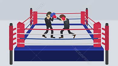 Fighting each other in boxing ring. Businessman battle wearing boxing gloves. Business competition concept. Flat Loop animation.
