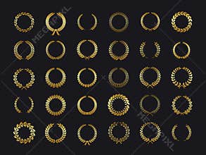 Gold laurels wreaths. Golden laurel foliate wheat olive oak wreath laurel leaves winner award heraldry sticker vector
