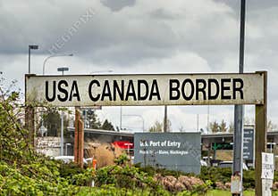 April 14, 2019 - Surrey, British Columbia: BNRR Railway USA Canada border sign.