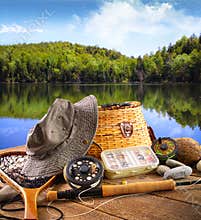 Fly fishing equipment near a lake