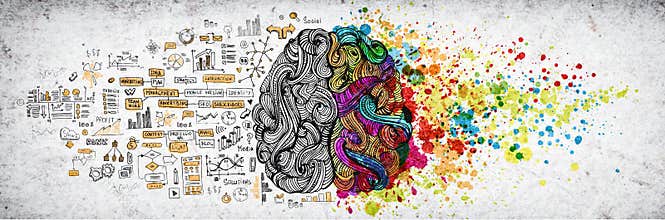 Left right human brain concept, textured illustration. Creative left and right part of human brain, emotial and logic