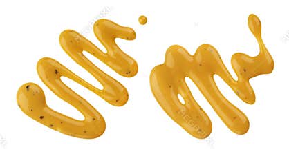 Mustard sauce, splash of honey mustard salad dressing isolated on white background