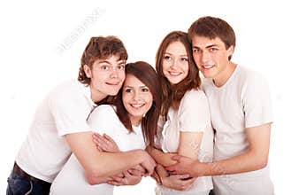 Happy family in whit t-shirt embracing.