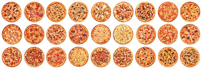 Big set of pizzas isolated on white background. Top view