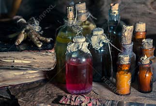 A witchery stuff: multiple tincture bottles, bunches of dry healthy herbs, stack of ancient ritual books, amulets, candles...