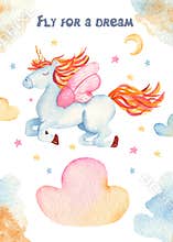 Watercolor card with cute children cartoon unicorn.