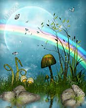 Magical fairytale landscape under a rainbow