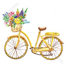 Watercolor yellow bicycle, isolated on white background. Hand painted bike with basket and wild flowers. Summer illustration