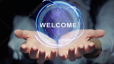 Hands show round hologram Welcome