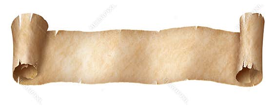 Vintage paper or parchment narrow long scroll isolated on white