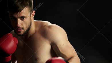 Handsome fighter practicing with boxing bag.