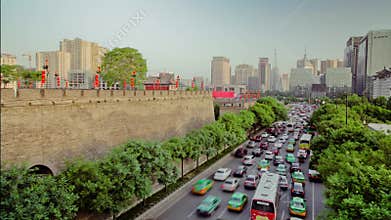 Timelapse Traffic on busy street near by xi`an city wall ,xian,shaanxi,China