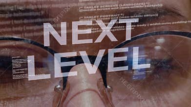 Next level text on background of female developer